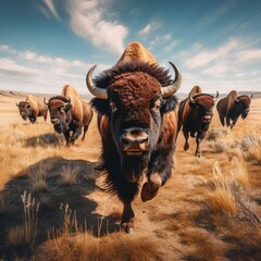 Un troupeau de bisons d'Amérique du Nord qui coure dans la prairie - obrazy, fototapety, plakaty