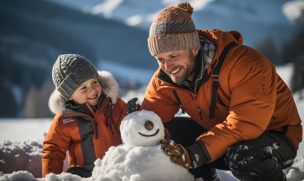Quality Time in the Snow: AI-Generated Shot of Father and Son Snowman Building - Powered by Adobe