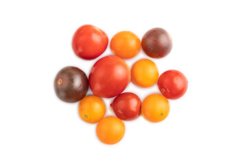 Red. yellow tomatoes isolated on white. Top view.