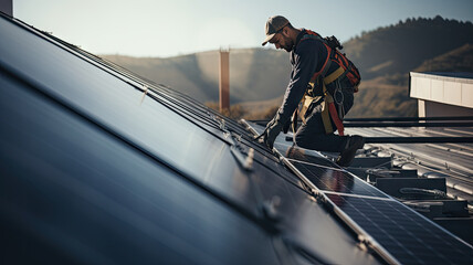 Engineer installing the solar panels on the rooftop with landscape background - obrazy, fototapety, plakaty