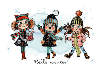 Hello winter. Cute girls in winter. Vector.