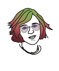 Portrait of a sweet smiling girl with emerald-orange short hair in translucent purple glasses. Isolated digital image of a young woman's head. Charming expressive female face in online art style.