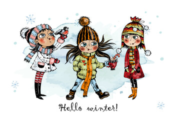Hello winter. Cute girls in winter. Vector.