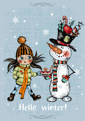 Hello winter. Christmas card with a cute girl and a snowman. Vector.