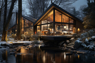 Obraz premium Cabin in the woods, modern architecture, lights on - Generative AI