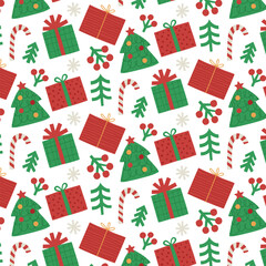 Seamless vector Christmas and New Year pattern with Christmas trees, caramel, gifts, snowflakes
