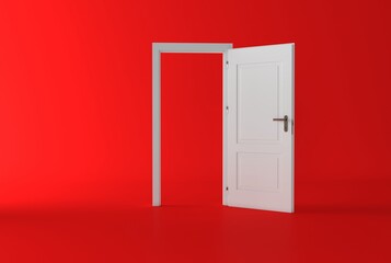 Red Room with the door open for a sky. Door to heaven. Symbol of new career, opportunities, business ventures and initiative. 