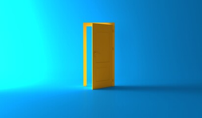 Open the door. Yellow door, open entrance in blue background room. Architectural design element. 3d rendering. Modern minimal concept. Opportunity metaphor.