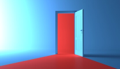 Open the door. Symbol of new career, opportunities, business ventures and initiative. Business concept. 3d render, red light inside open door isolated on blue background. Modern minimal concept.