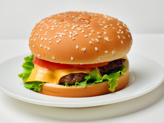Hamburger with a single meat patty and cheese and tomato on a white plate 
