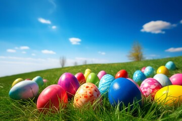 Colorful Easter eggs on green lawn under blue sky. Generative AI