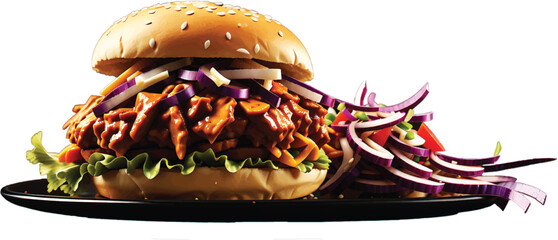 Delicious Burger sandwich with beef, tomato, onion and fried bacon 