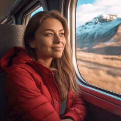 traveling in a train.Smiling girl leaning on window at train transportation.Concept