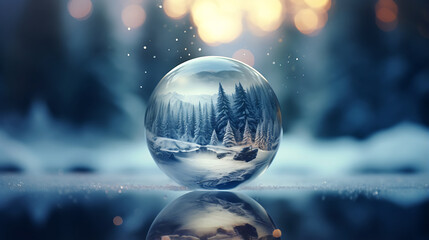 Beautiful Christmas decoration, a snowy glass ball in the forest covered with snow