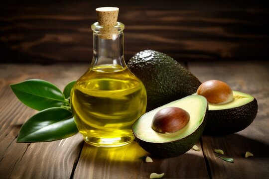 Avocado with avocado oil on a wooden table, promoting healthy food. Generative AI