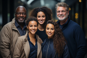 People, business, lifestyle concept. Portrait of multicultural business team. Various cultures employees posing to camera in conference, exhibition event or company hall. Happy emotions. Generative AI - obrazy, fototapety, plakaty