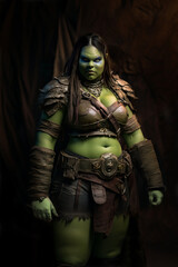Orc warrior woman with green skin, realistic illustration