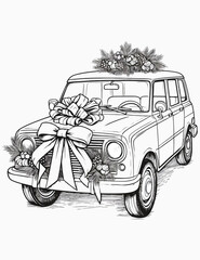 Christmas cute gift car coloring pages for kids and adult, Coloring book with vintage floral vector illustration, 