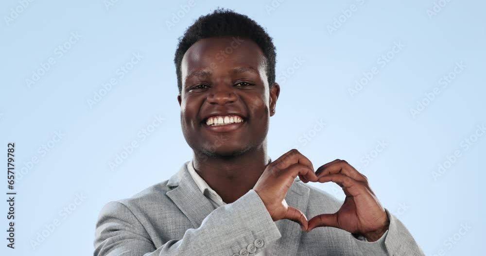 Canvas Prints Business, heart hands or face of happy black man in studio for support, love or charity on blue background. Smile, African or entrepreneur person with shape for health care, trust or company kindness