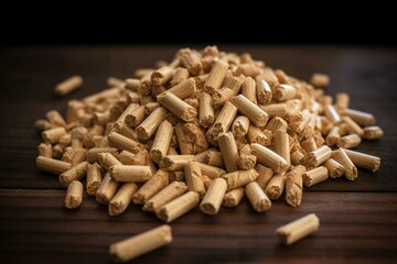 Wood granules, wood pellets for wood stove. Generative AI - obrazy, fototapety, plakaty