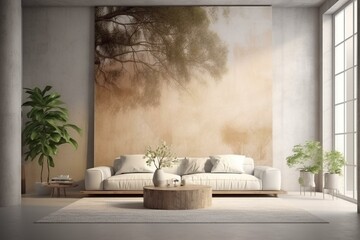 Sustainable interior design with wall mockup and art. Generative AI