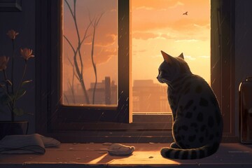 Illustration of a cat sitting on a windowsill, watching the sunlight during dusk and dawn. Generative AI