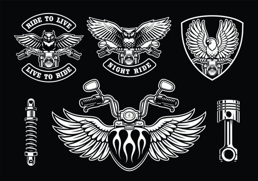 a set of biker themed badges