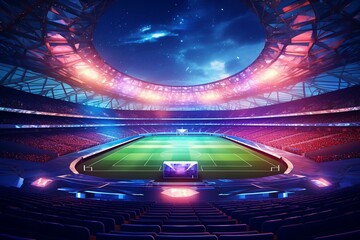 3D rendered futuristic stadium with neon lights for soccer matches. Generative AI