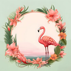 Watercolor pink flamingo, tropical leaves and flowers frame isolated illustration for wedding stationary, greetings, wallpaper, fashion, posters