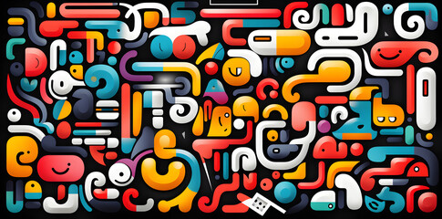 colorful 90s style doodle pattern, in the style of black background, algeapunk, flickr, abstract non-representational shapes, digitally enhanced, letras y figuras, simplified shape
