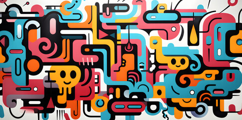 colorful 90s style doodle pattern, in the style of black background, algeapunk, flickr, abstract non-representational shapes, digitally enhanced, letras y figuras, simplified shape