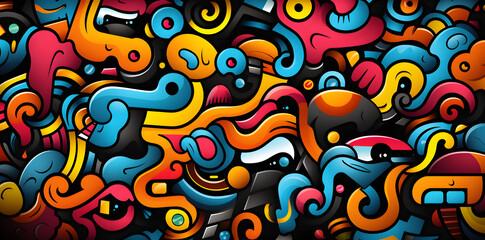 colorful 90s style doodle pattern, in the style of black background, algeapunk, flickr, abstract non-representational shapes, digitally enhanced, letras y figuras, simplified shape