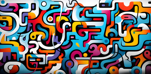 colorful 90s style doodle pattern, in the style of black background, algeapunk, flickr, abstract non-representational shapes, digitally enhanced, letras y figuras, simplified shape