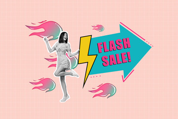 Photo cadre composite collage of funky young woman dancing flash sale arrow thunder flying fireball...