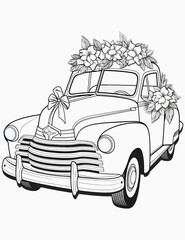 Christmas cute gift car coloring pages for kids and adult, Coloring book with vintage floral vector illustration, 