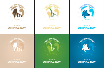 World Animal Day Greeting Cards in white and gradient backgrounds. The Clock is ticking for animals concept with tagline, stop the abuse and illegal killing of animals. Vector Illustration.