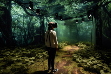 Technology and nature concept. Person wearing virtual reality goggles and see dense forest. Person standing in room with wall screens and see dense forest with VR glasses. Generative AI