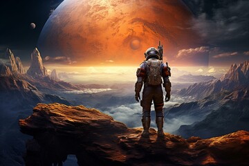 An astronaut gazes at alien landscape, standing on cliff's edge. A new planet is found in uncharted space. Journey and discovery. Generative AI