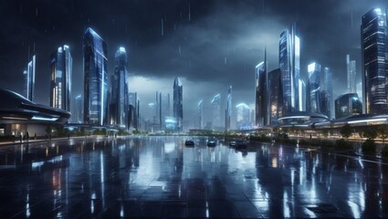 High-tech City in a Rainy Night