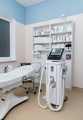 Cosmetology modern sterile equipment. Clean dermatology interior.