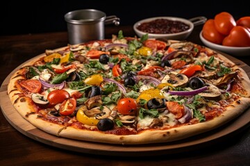 A meatless pizza topped with a variety of fresh vegetables. Generative AI