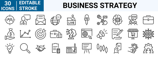 set of 30 line web icons Business strategy. Business Management. Vision, Mission, Values, Human Resource. Editable stroke.