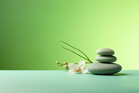 Tranquil spa pebble green imagery in a minimalistic photographic approach, artistic arrangement and ambiance background