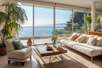 Living room with large windows, terrace, and view of the sea. Generative AI
