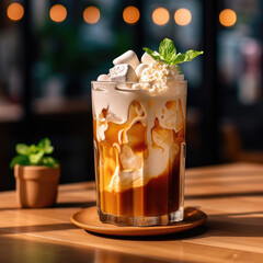 Iced coffee.Iced coffee in a tall glass.Background