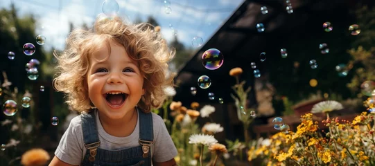 Foto op Plexiglas Cheerful child in nature with soap bubbles Generative AI © Denis S
