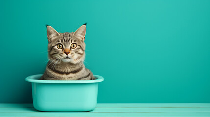 Cute tabby cat sitting in bowl on turquoise background