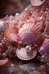some Pink Seashell over a Baroque Background Shiny and Abstract Background.