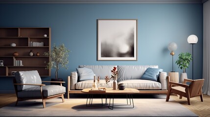 Blue Interior Design of a Living Room with a Big Sofa, a Picture,a Plant and a Lamp. Little Wooden Table for Decoration.