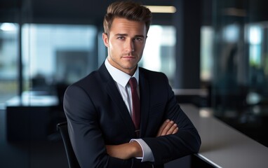 A young man with a gentle smile wearing a sleek suit leaning confidently against his desk at work, in the office set-up. Generative AI